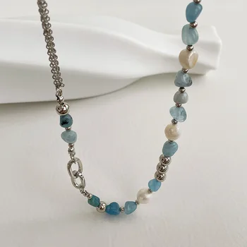 HUANZHI 2021 Noi Neregulate Albastru de Piatră în stil Baroc Perle de apă Dulce de Culoare Argintie Minge de Metal Colier pentru Femei Fete Bijuterii