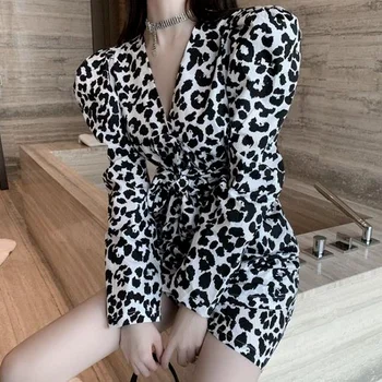 Rochii Femei V-Neck Abdomen Leopard Chic Streetwear Harajuku Epocă De Vară Lungă Puff Maneca Doamnelor Vestidos De Moda Ulzzang