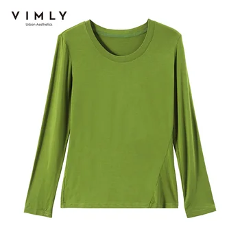 VIMLY Solide T-shirt pentru Femei cu Maneca Lunga O-gât Toamna anului 2021 Casual sex Feminin Subțire Topuri Bottom Tricou Femei Haine F9053