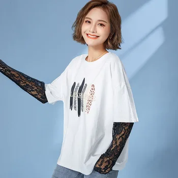 Noi Dantela Mozaic Maneca Lunga T-Shirt Femei De Personalitate De Moda Topuri Largi Stil Harajuku O-Gât T Camasi 4416