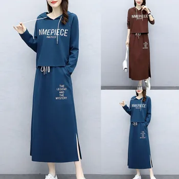 2022 Femei Costume Cu Fusta Imprimate Seturi Maneca Lunga cu Gluga Top Si Fusta Seturi Iarna Moda coreeană conjuntos de vestido