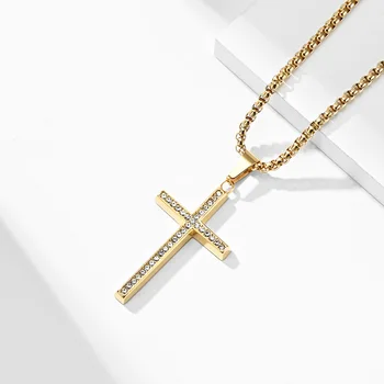 Simplu Crucea Pandantiv Colier de Cristal din Oțel Inoxidabil Coliere pentru Bărbați-L Religioase Bijuterii Lanț 24inch